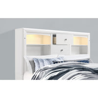 White Rubberwood Full Bed with bookshelves Headboard LED lightning 6 Drawers