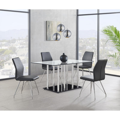 Black Glossy Base and Chrome Metal Legs with Rectangular Glass Top Dining Table