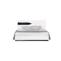 White Tone Queen Bed With Dark Grey Zebrano Details On Headboard And Bottom Rail Accent