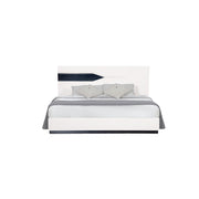 White Tone Queen Bed With Dark Grey Zebrano Details On Headboard And Bottom Rail Accent