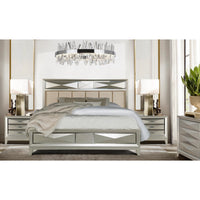 Modern Champagne Full Bed with Satin Upholstered Headboard Mirror Accents