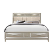 Modern Champagne King Bed with Satin Upholstered Headboard Mirror Accents