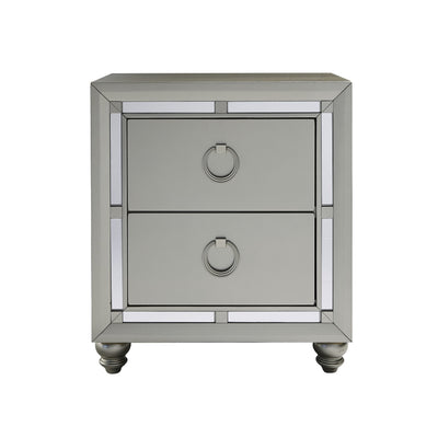 Silver Champagne Tone Nightstand with 2 Drawer Mirror Trim Accent