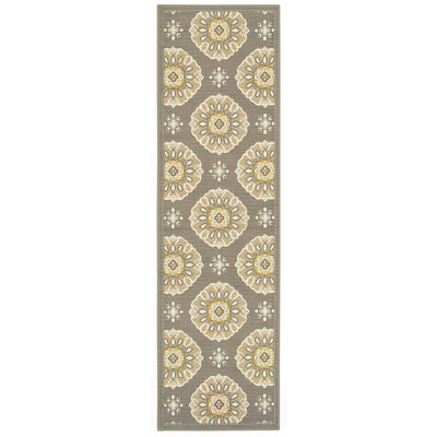 8' Grey Gold Floral Medallion Discs Indoor Outdoor Area Rug Runner Rug