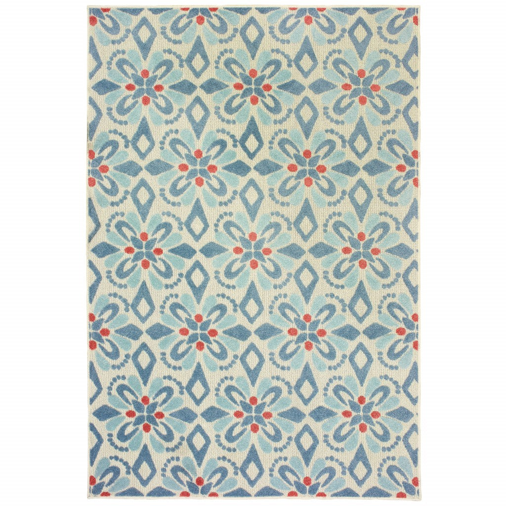 6' x 9' Ivory Blue Global Geo Tile Indoor Outdoor Runner Rug