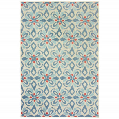 9' x 12' Ivory Blue Global Geo Tile Indoor Outdoor Runner Rug