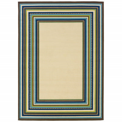 7' X 10' Ivory Mediterranean Blue And Lime Border Indoor Outdoor Area Rug