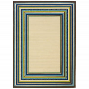 9' x 13 Ivory Mediterranean Blue and Lime Border Indoor Outdoor Area Rug