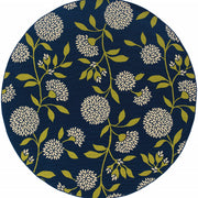 7' Round Indigo and Lime Green Floral Indoor or Outdoor Area Rug