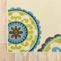 4' x 6' Ivory Indigo and Lime Medallion Disc Indoor Outdoor Area Rug