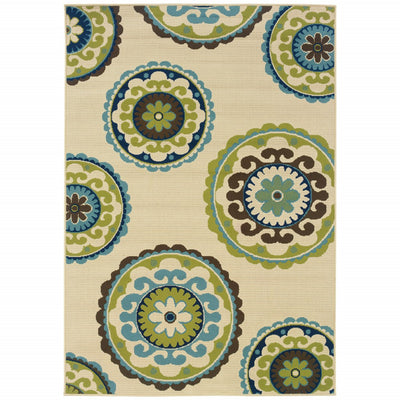 7' x 10' Ivory Indigo and Lime Medallion Disc Indoor Outdoor Area Rug