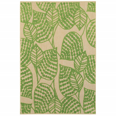 7' x 10' Sand and Lime Green Leaves Indoor Outdoor Area Rug