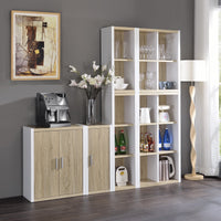 Versatile Four Shelf White and Natural Cubby Bookshelf