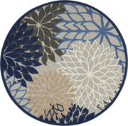 8’ Round Blue Large Floral Indoor Outdoor Area Rug