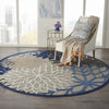8’ Round Blue Large Floral Indoor Outdoor Area Rug