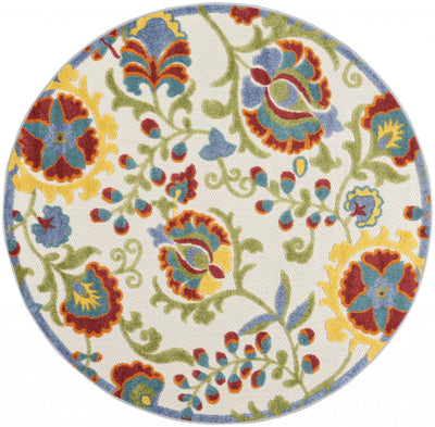 4’ Round Ivory Multi Floral Indoor Outdoor Area Rug