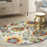 5’ Round Ivory Multi Floral Indoor Outdoor Area Rug
