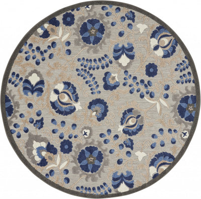 4’ Round Natural and Blue Indoor Outdoor Area Rug