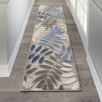 2’ x 10’ Gray and Blue Leaves Indoor Outdoor Runner Rug