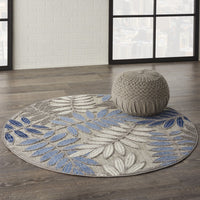 4’ Round Gray and Blue Leaves Indoor Outdoor Area Rug
