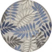 5’ Round Gray and Blue Leaves Indoor Outdoor Area Rug