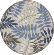 8’ Round Gray and Blue Leaves Indoor Outdoor Area Rug