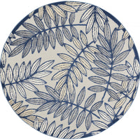 4’ Round Ivory and Navy Leaves Indoor Outdoor Area Rug