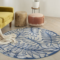 4’ Round Ivory and Navy Leaves Indoor Outdoor Area Rug