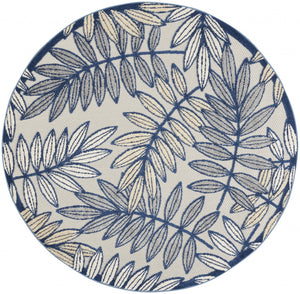 5’ Round Ivory and Navy Leaves Indoor Outdoor Area Rug