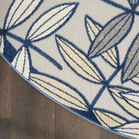 5’ Round Ivory and Navy Leaves Indoor Outdoor Area Rug