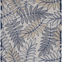 8’ x 11' Ivory and Navy Leaves Indoor Outdoor Area Rug