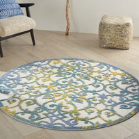 5’ Round Ivory and Blue Indoor Outdoor Area Rug