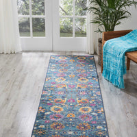 2’ x 8’ Denim Blue Florals Distressed Runner Rug