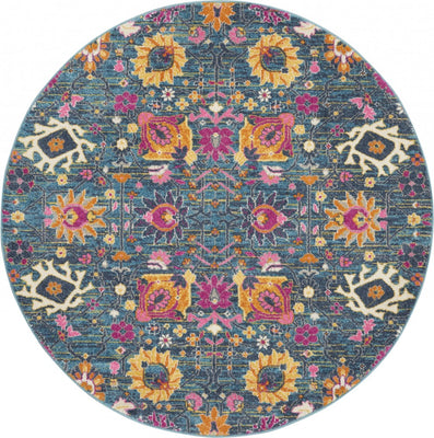 4’ Round Denim Blue Florals Distressed Area Rug