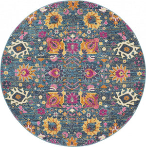 4’ Round Denim Blue Florals Distressed Area Rug