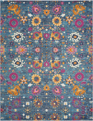 8’ x 10’ Denim Blue Florals Distressed Area Rug