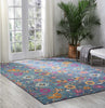 8’ x 10’ Denim Blue Florals Distressed Area Rug