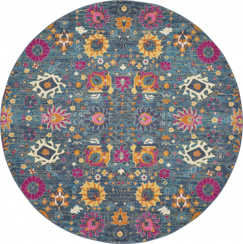 8’ Round Denim Blue Florals Distressed Area Rug