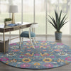 8’ Round Denim Blue Florals Distressed Area Rug