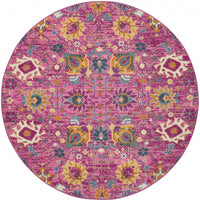 5’ Round Fuchsia and Orange Distressed Area Rug