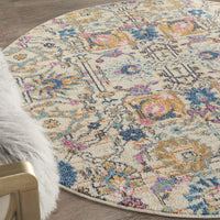 5’ Round Ivory and Multicolor Floral Buds Area Rug