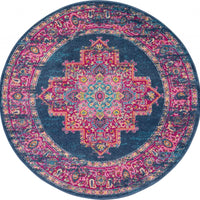 4’ Round Blue and Pink Medallion Area Rug