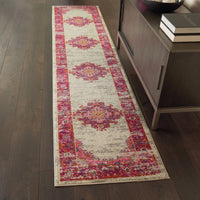 2’ x 10' Ivory and Fuchsia Distressed Runner Rug