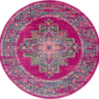 8’ Round Fuchsia and Blue Distressed Area Rug