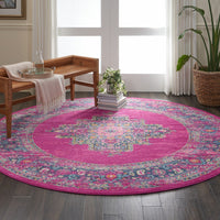 8’ Round Fuchsia and Blue Distressed Area Rug