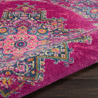 8’ Round Fuchsia and Blue Distressed Area Rug