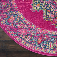 8’ Round Fuchsia and Blue Distressed Area Rug