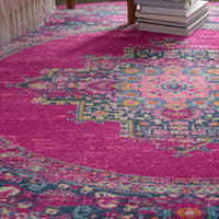 8’ Round Fuchsia and Blue Distressed Area Rug