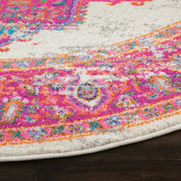 4’ Round Ivory and Fuchsia Distressed Area Rug