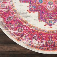 4’ Round Ivory and Fuchsia Distressed Area Rug